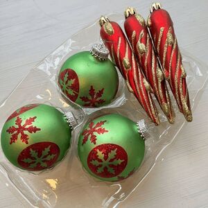 Vintage Green & Red Glass Ornaments Set of 6 Glittered Snowflake & Icicle